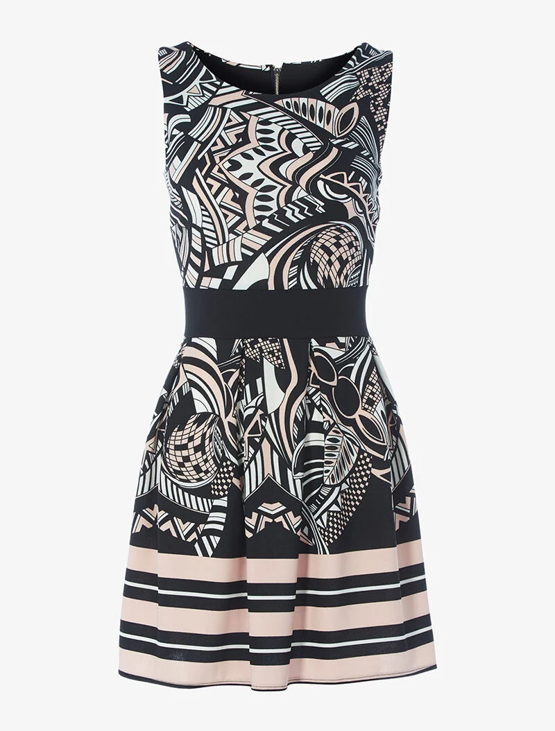 Ausgestelltes Kleid mit grafischem Blumenmuster - schwarz/rosa