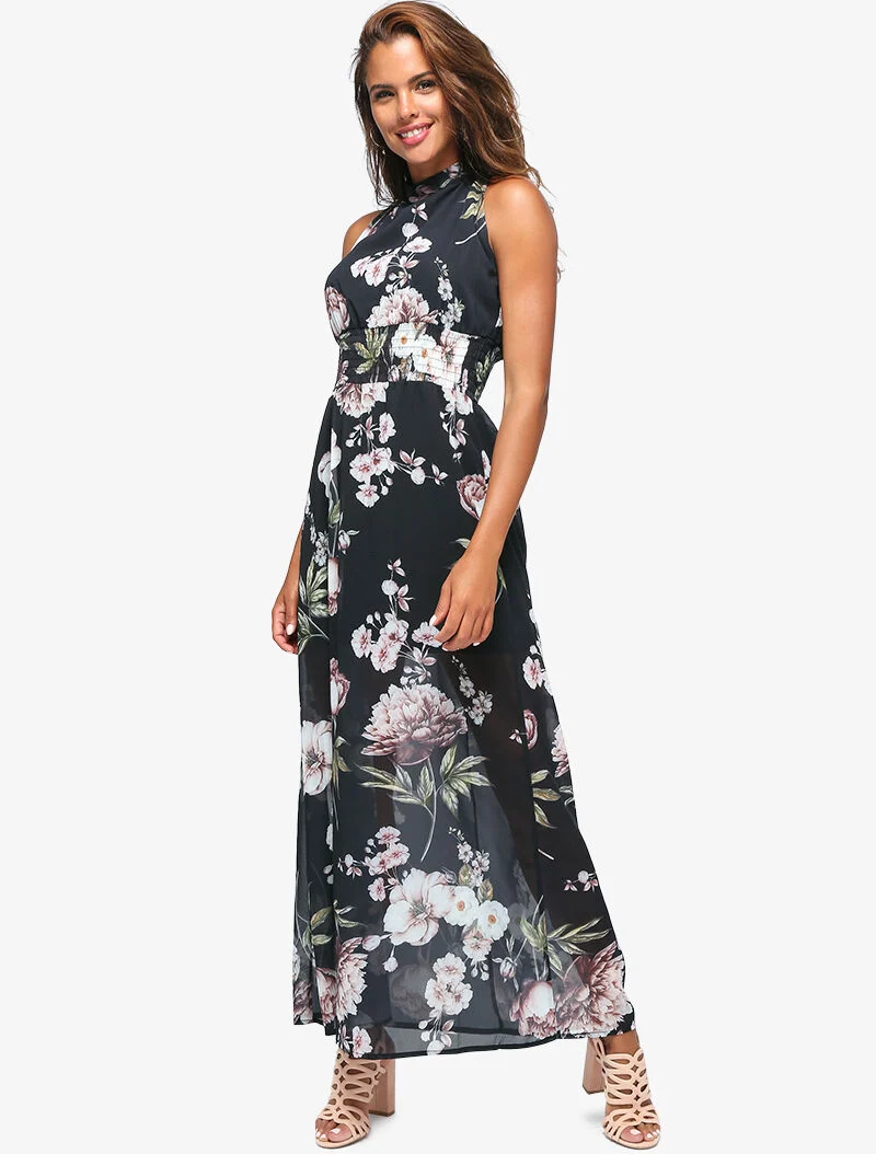 Langes Kleid mit großem Blumenmuster - schwarz