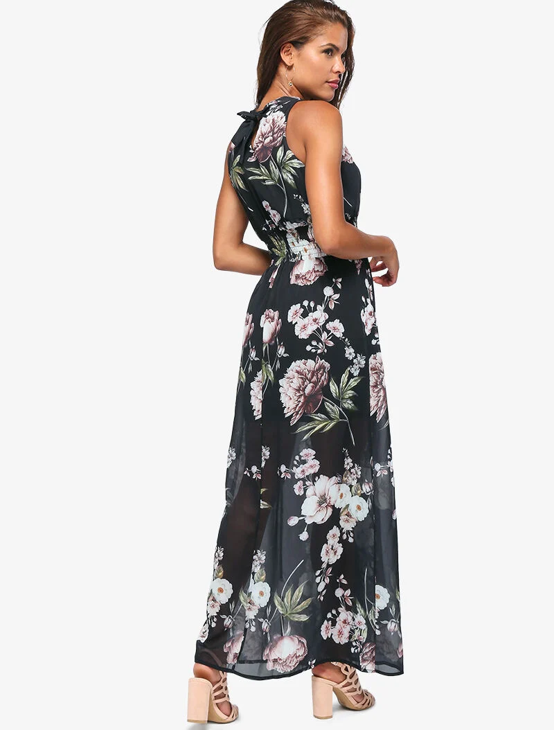 Langes Kleid mit großem Blumenmuster - schwarz