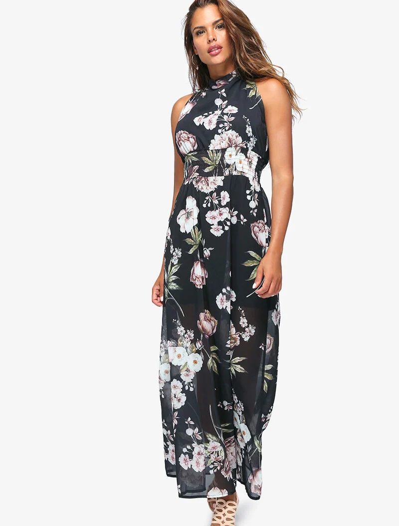 Langes Kleid mit großem Blumenmuster - schwarz