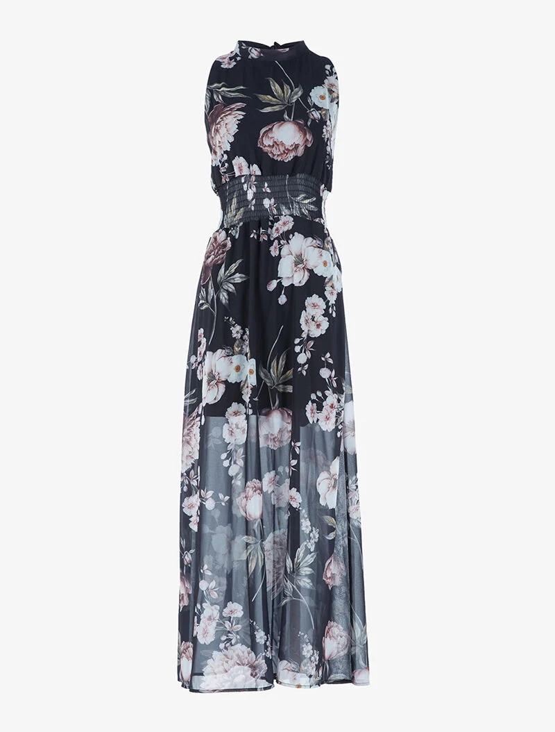 Langes Kleid mit großem Blumenmuster - schwarz