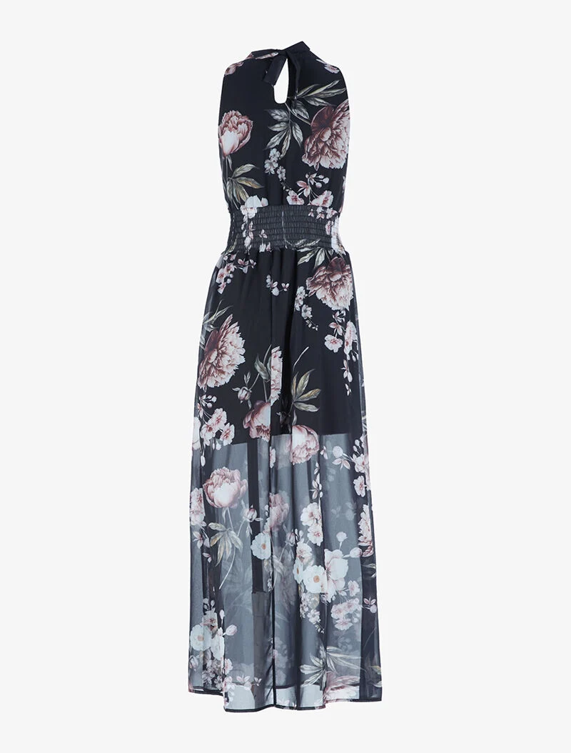 Langes Kleid mit großem Blumenmuster - schwarz