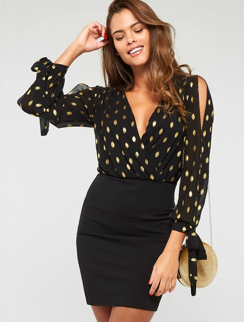 Wickelkleid mit goldener Beflockung - schwarz