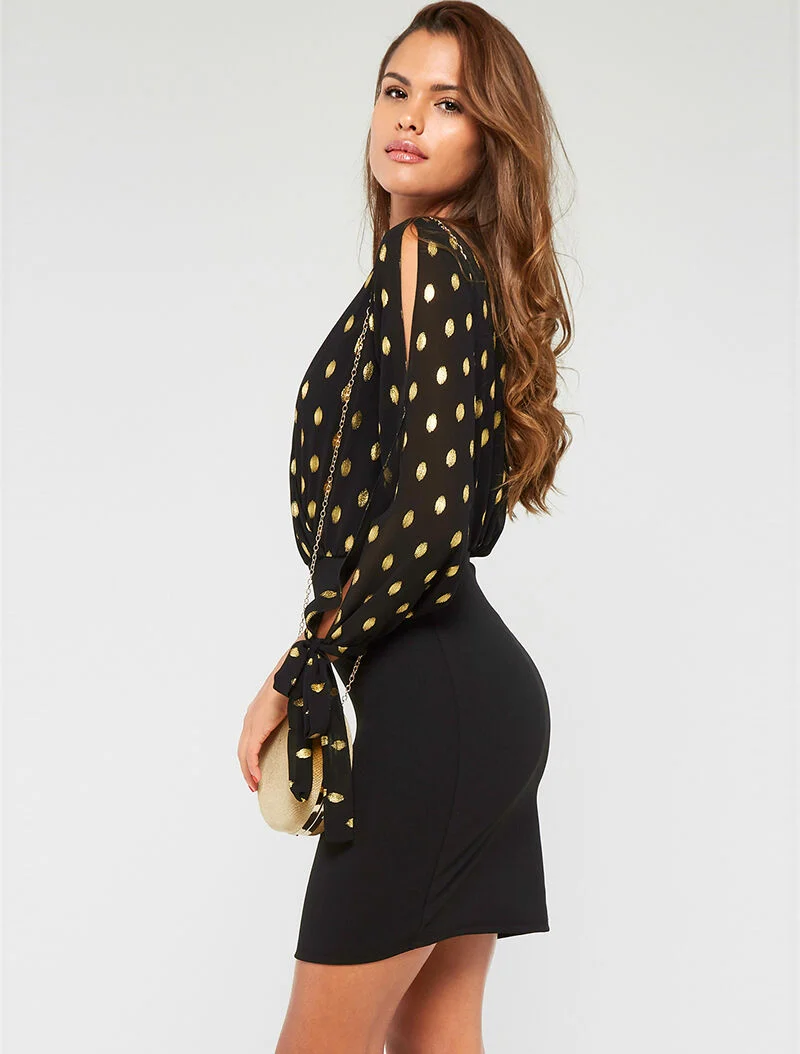 Wickelkleid mit goldener Beflockung - schwarz
