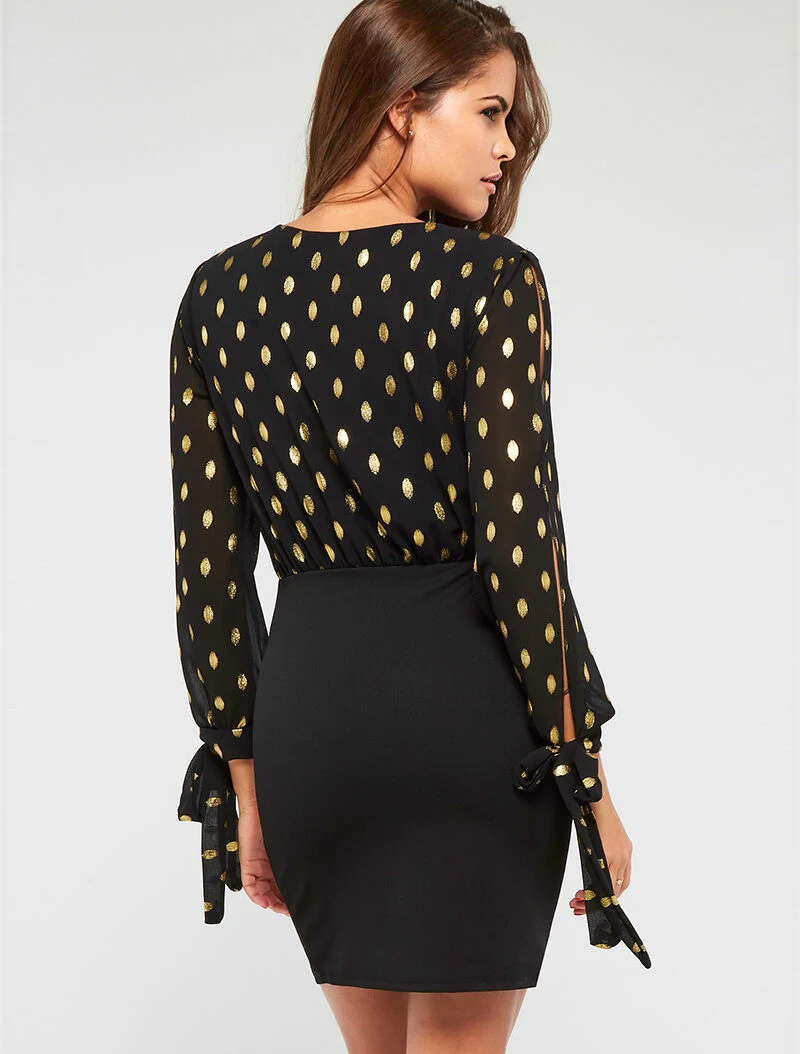 Wickelkleid mit goldener Beflockung - schwarz