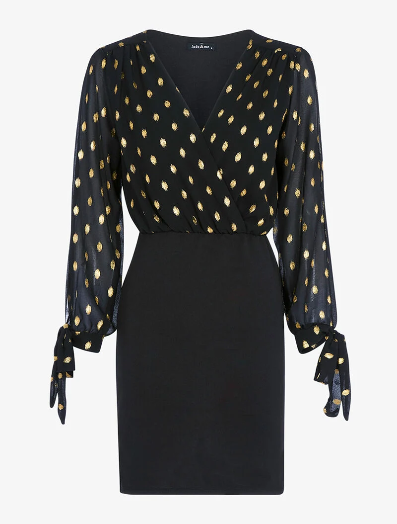 Wickelkleid mit goldener Beflockung - schwarz