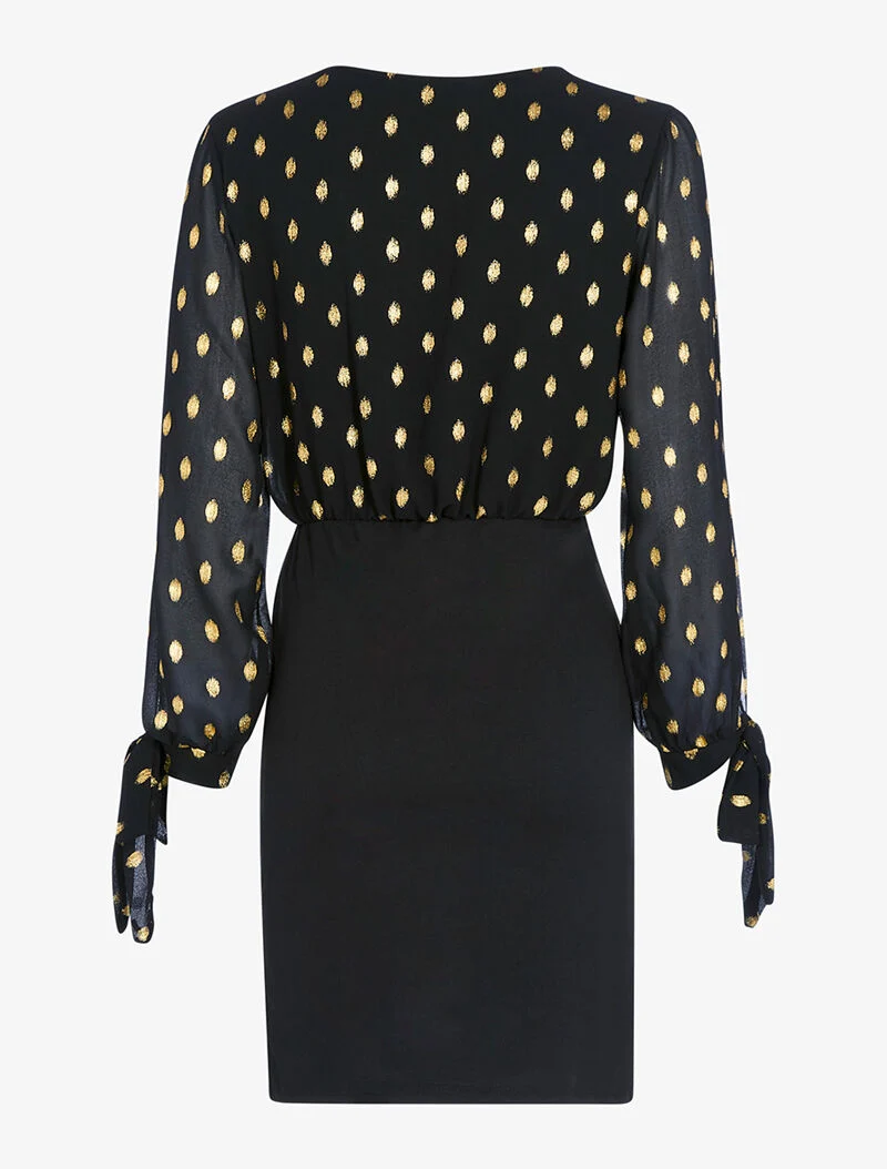 Wickelkleid mit goldener Beflockung - schwarz