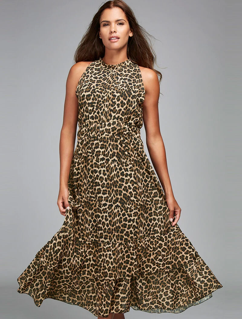 Langes Leopardenkleid mit Bindehals. - beige
