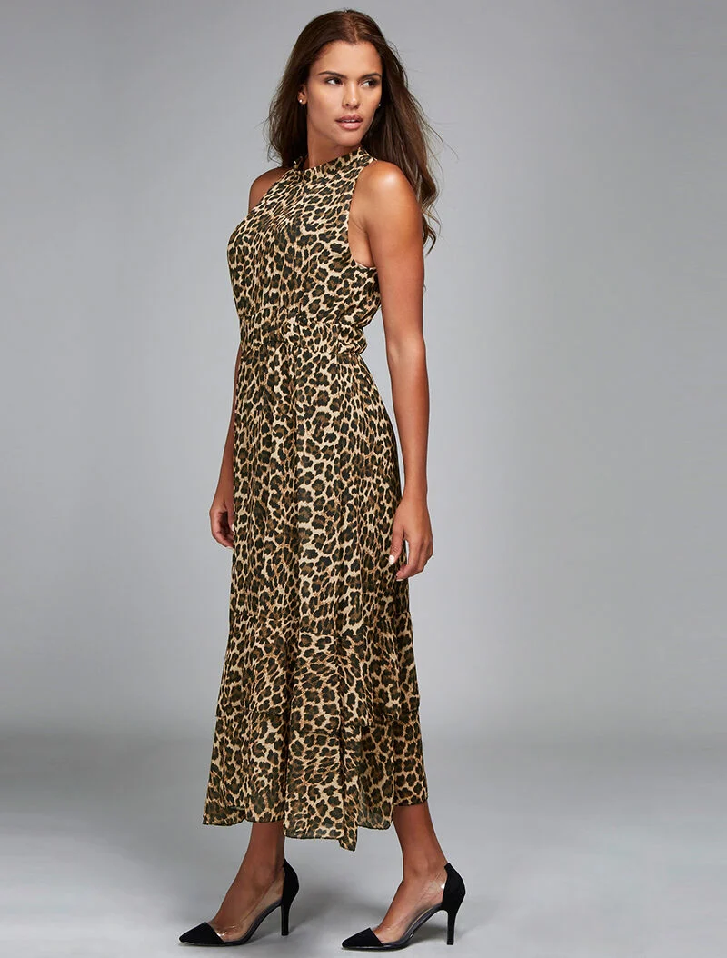Langes Leopardenkleid mit Bindehals. - beige