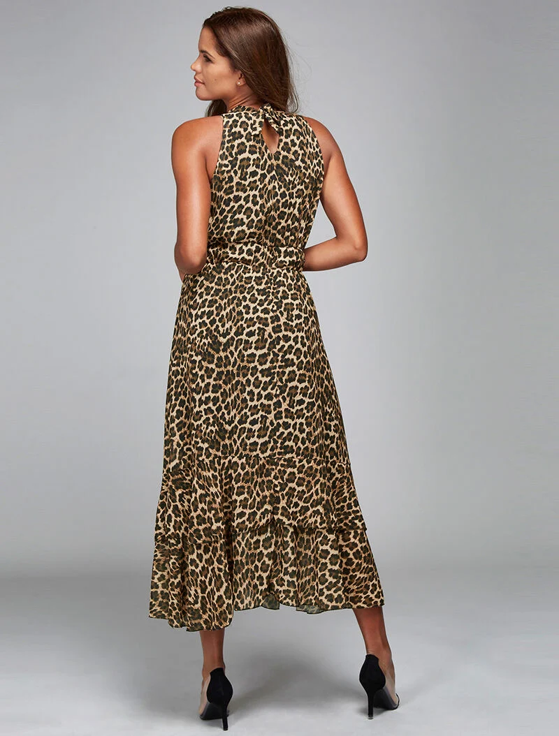Langes Leopardenkleid mit Bindehals. - beige