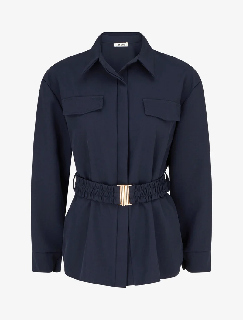 Gürtelte einfarbige Bluse - Marine