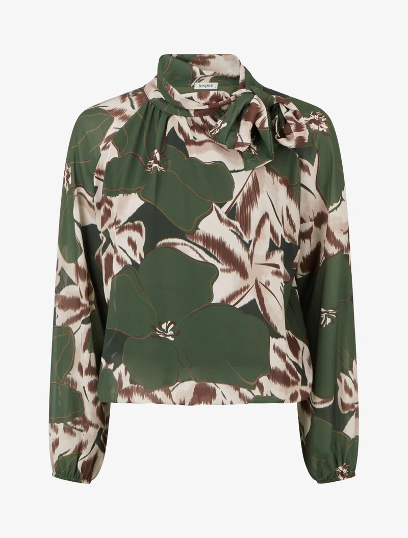 Bluse aus bedrucktem Blumenvoile zum Binden - Kaki