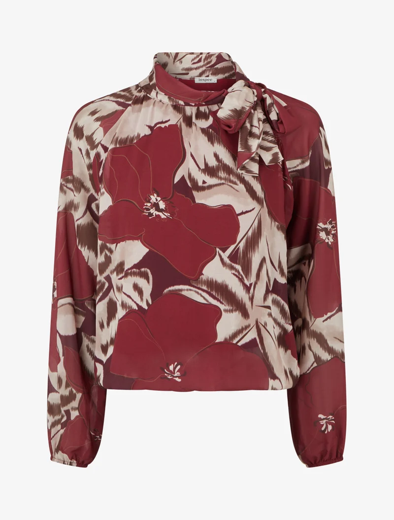 Bluse aus bedrucktem Blumenvoile zum Binden - Weinrot