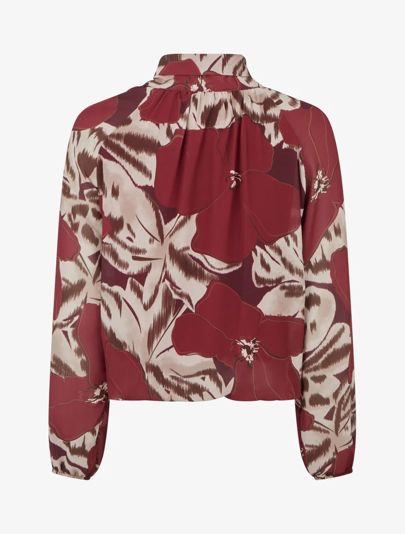 Bluse aus bedrucktem Blumenvoile zum Binden - Weinrot
