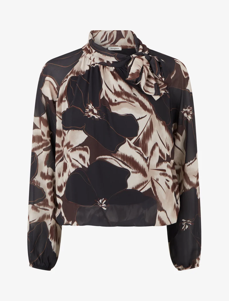 Bluse aus bedrucktem Blumenvoile zum Binden - Schwarz