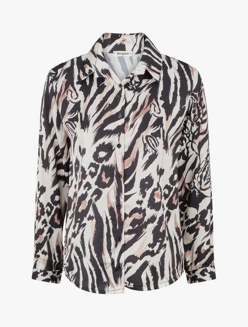 Tierdruck Satinbluse - Schwarz