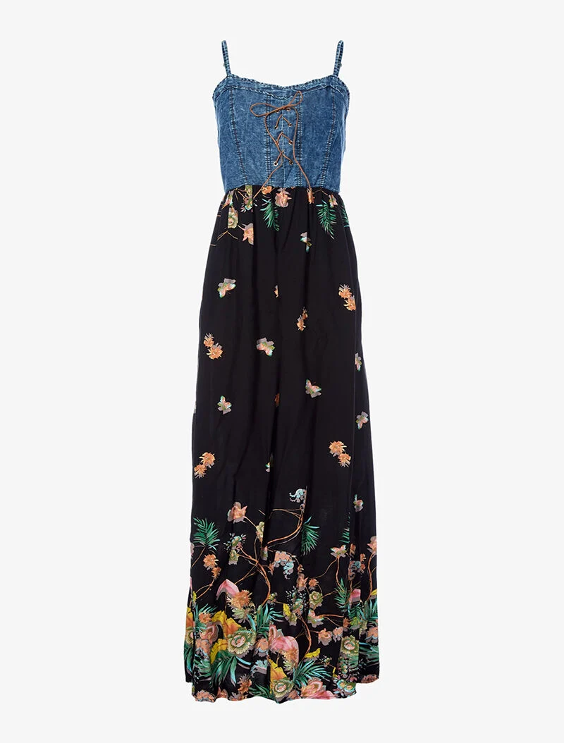 Langes Kleid mit Frühlingsmuster und Denim-Oberteil - schwarz