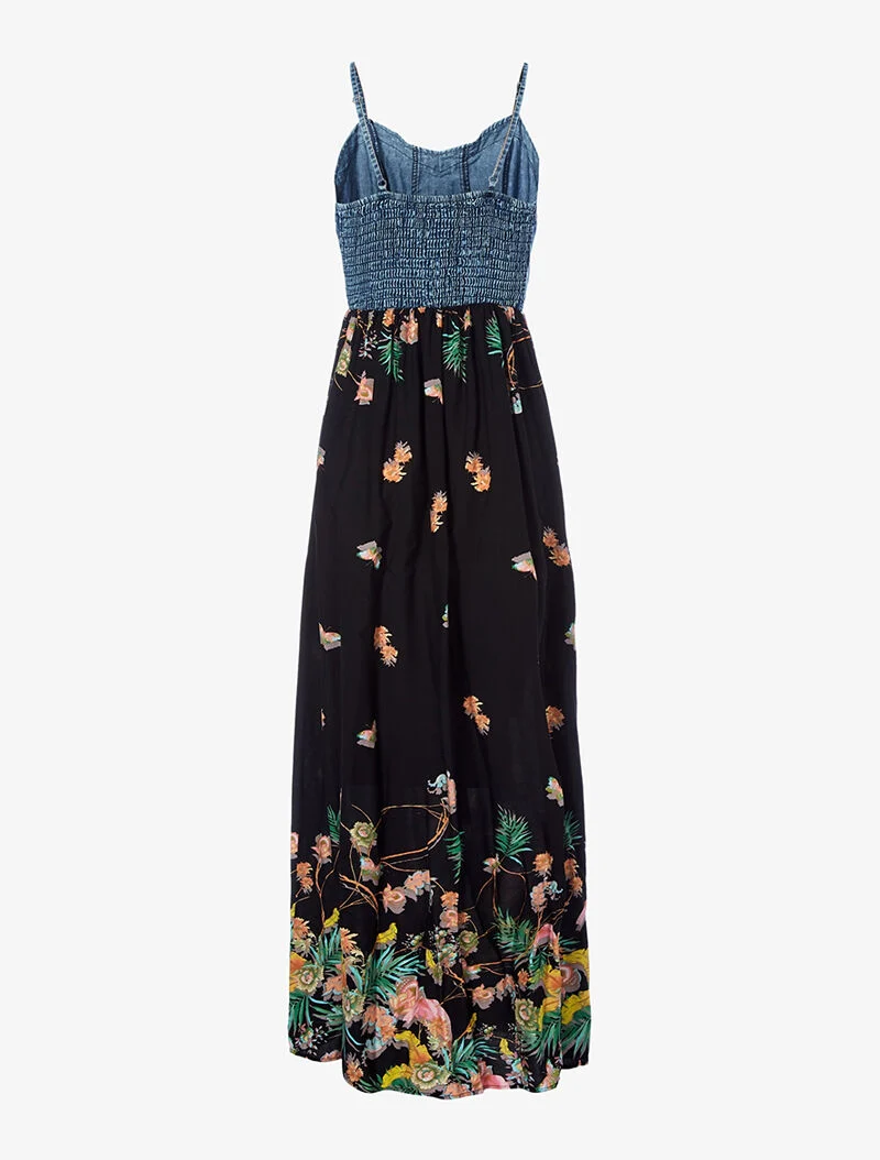 Langes Kleid mit Frühlingsmuster und Denim-Oberteil - schwarz