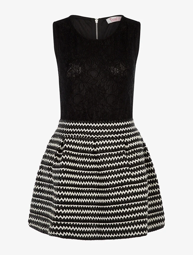 Skaterkleid in zweifarbigem Material mit geflochtenem Rockteil - schwarz/weiß