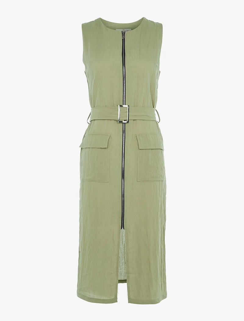 Leichtes langes Kleid mit Reißverschluss - Kaki