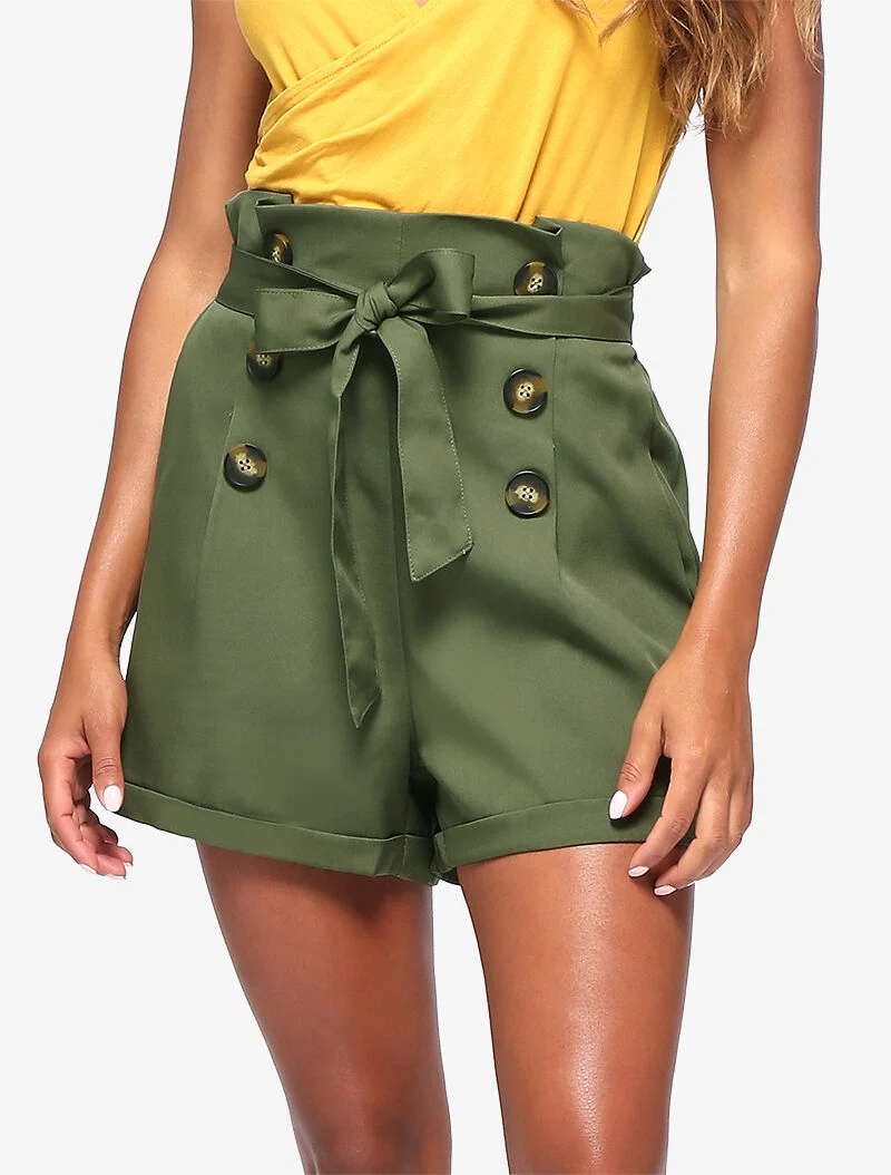 High Waist Paperbag Shorts - Kaki