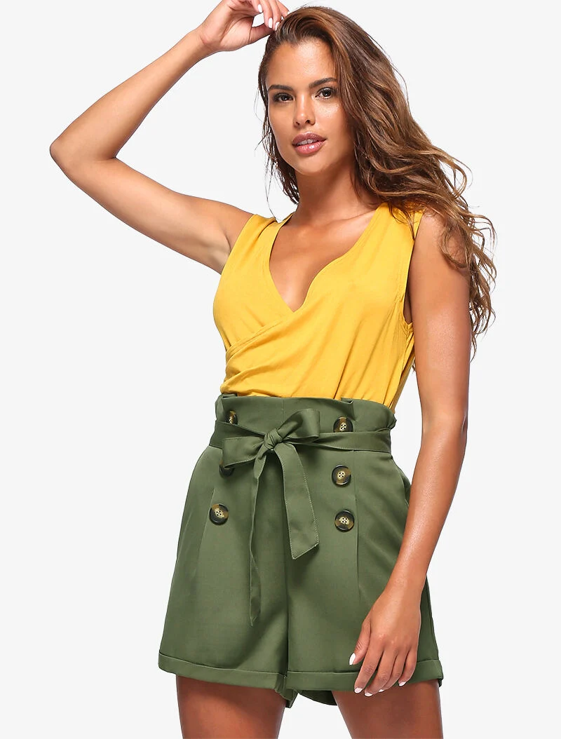High Waist Paperbag Shorts - Kaki