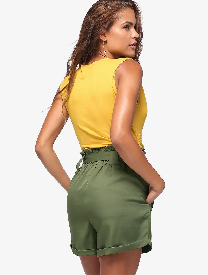 High Waist Paperbag Shorts - Kaki