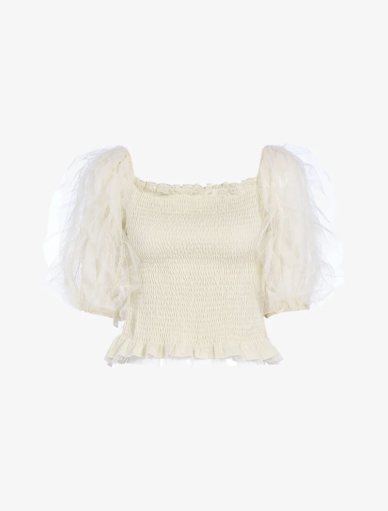 Rüschen Puffärmel Crop-Top - beige