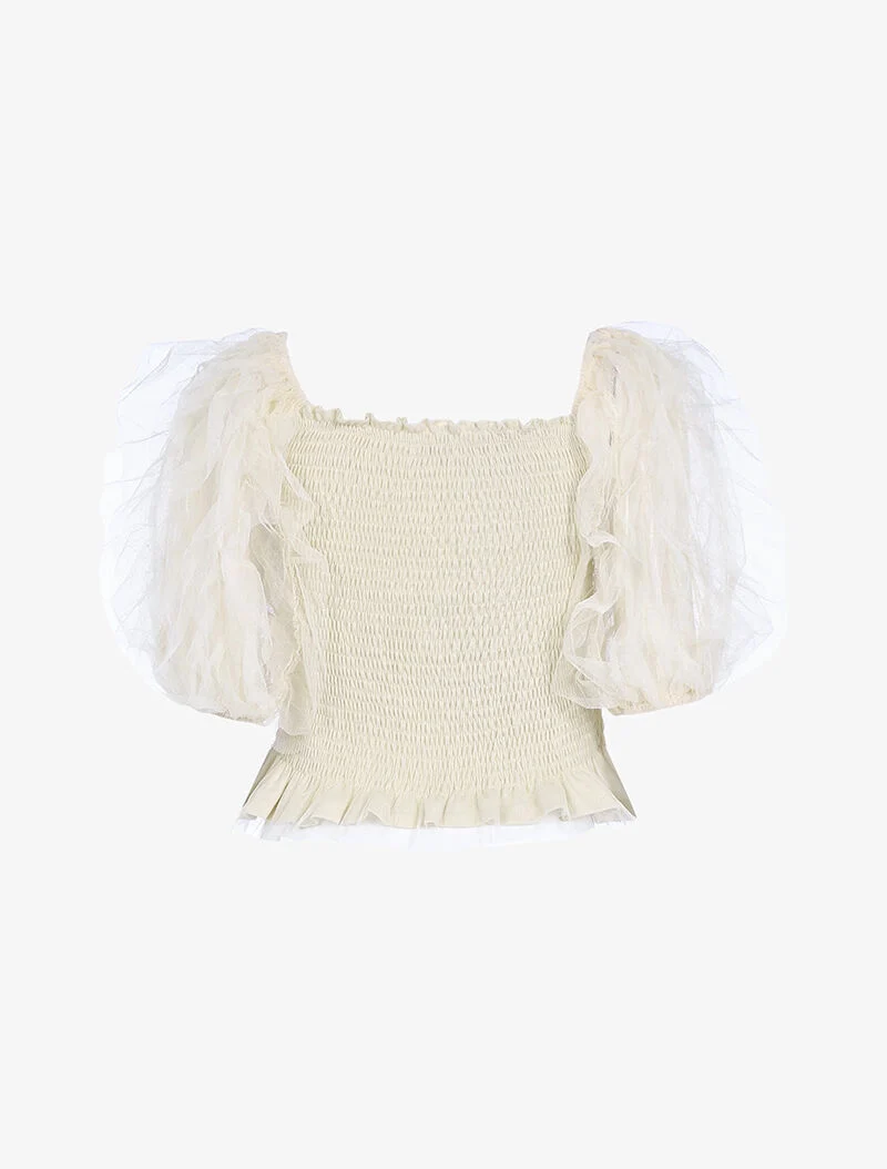 Rüschen Puffärmel Crop-Top - beige