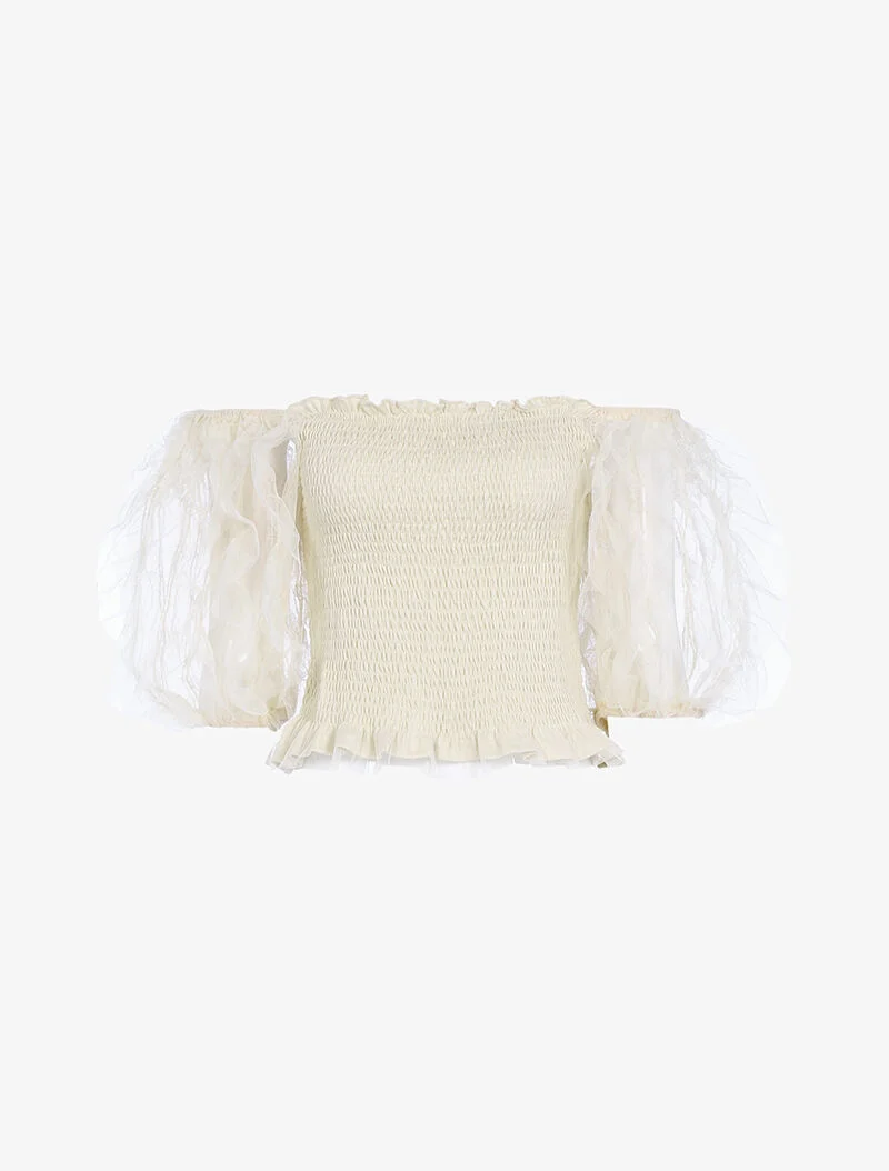 Rüschen Puffärmel Crop-Top - beige