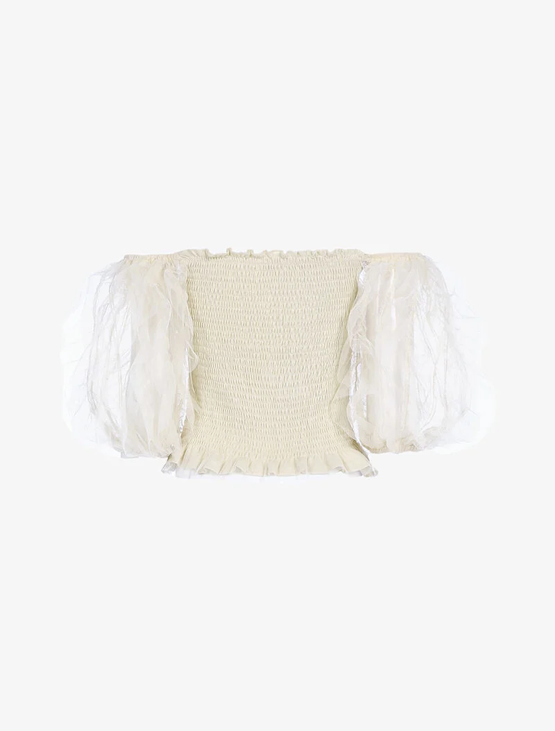 Rüschen Puffärmel Crop-Top - beige