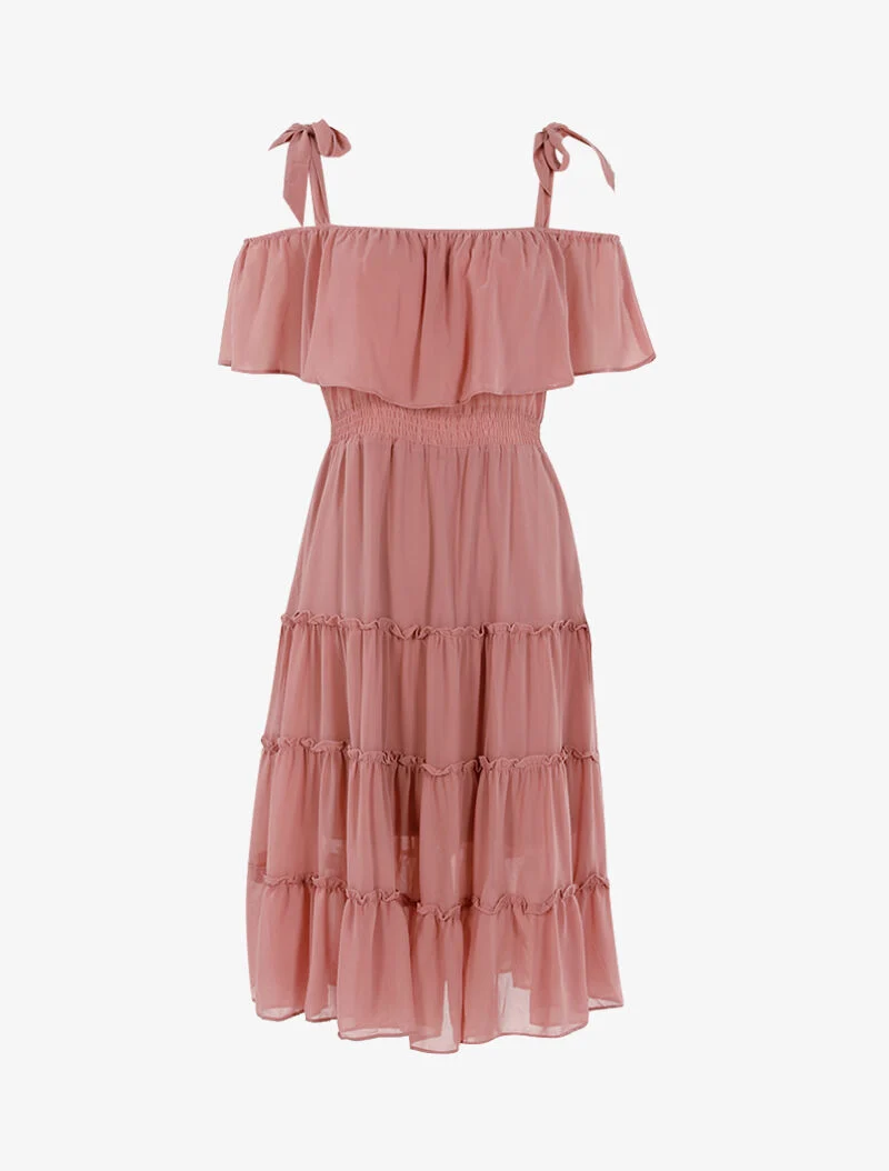 Schulterfreies Kleid mit Rüschen - Rose