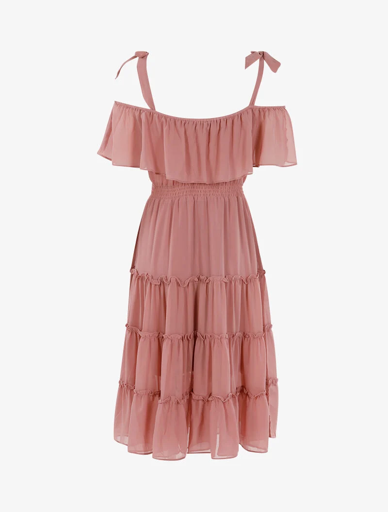 Schulterfreies Kleid mit Rüschen - Rose