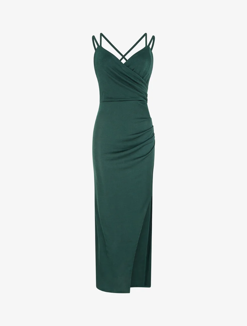 Langes, eng anliegendes Kleid mit Schlitz und Trägern. - Dunkelgrün
