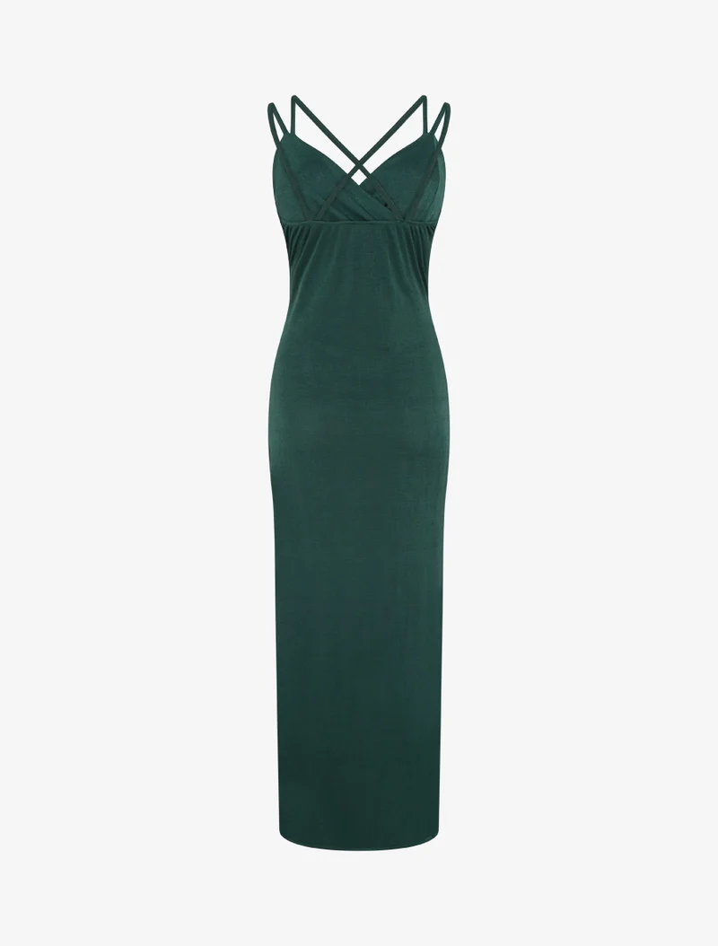 Langes, eng anliegendes Kleid mit Schlitz und Trägern. - Dunkelgrün