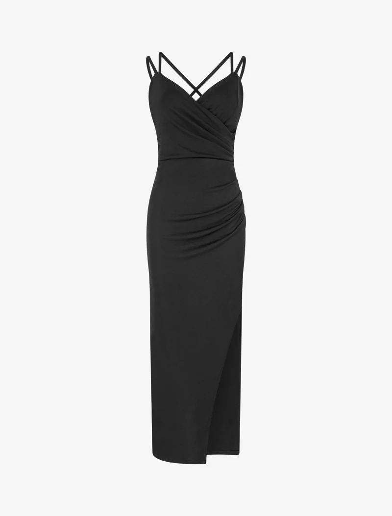 Langes, eng anliegendes Kleid mit Schlitz und Trägern. - Schwarz