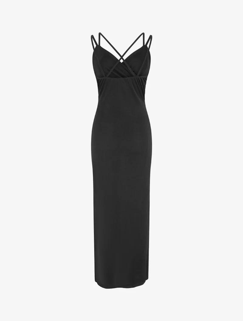 Langes, eng anliegendes Kleid mit Schlitz und Trägern. - Schwarz
