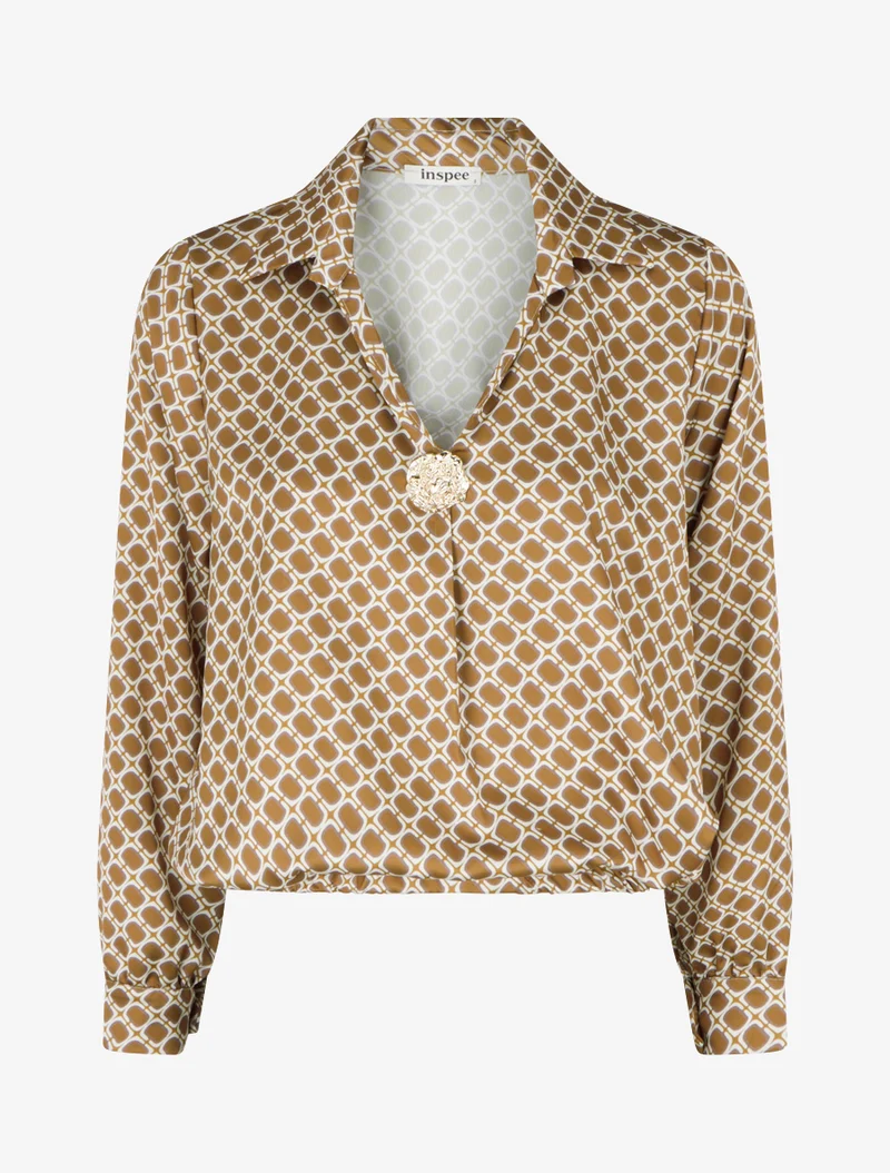Bedruckte Satinbluse im 70er-Jahre-Stil - Senfgelb