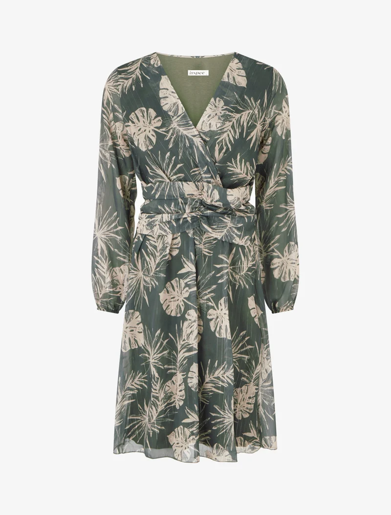 Kleid mit Blattdruck und schimmernden Streifen - Kaki