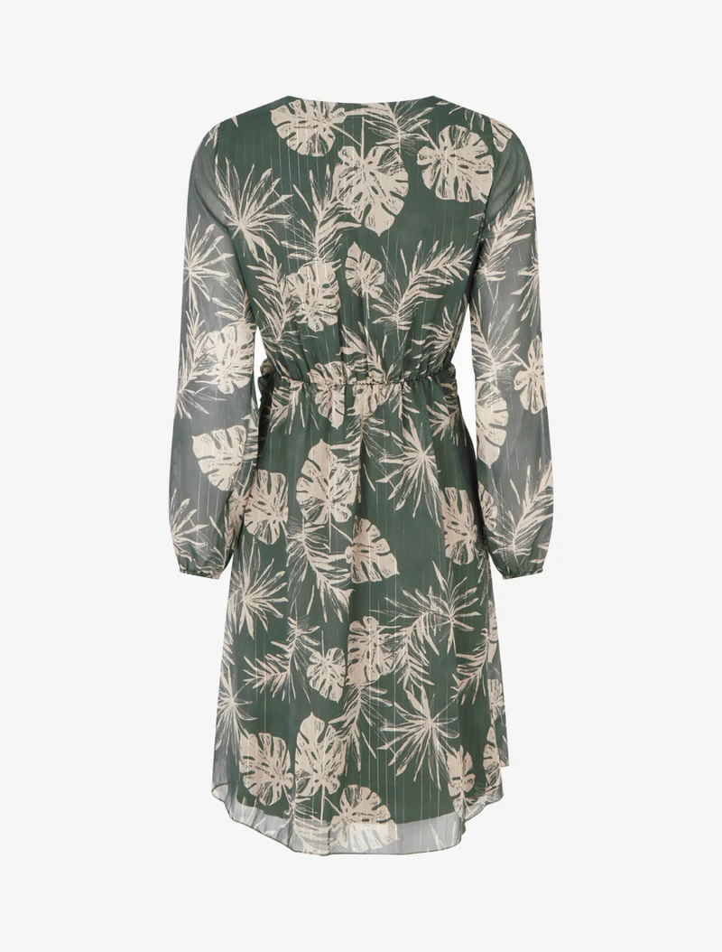 Kleid mit Blattdruck und schimmernden Streifen - Kaki