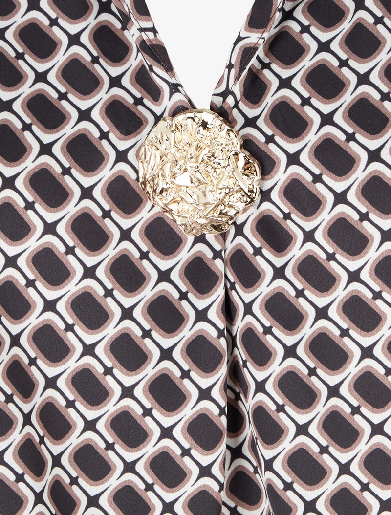Bedruckte Satinbluse im 70er-Jahre-Stil - Schwarz