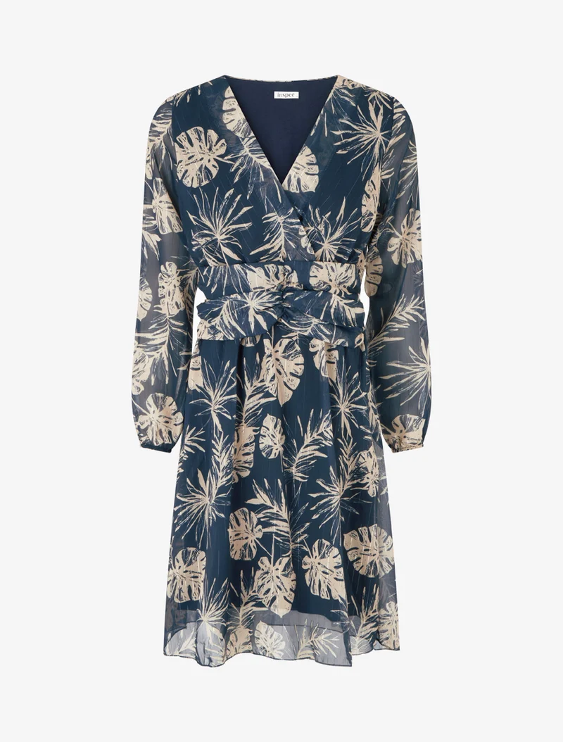 Kleid mit Blattdruck und schimmernden Streifen - Marine