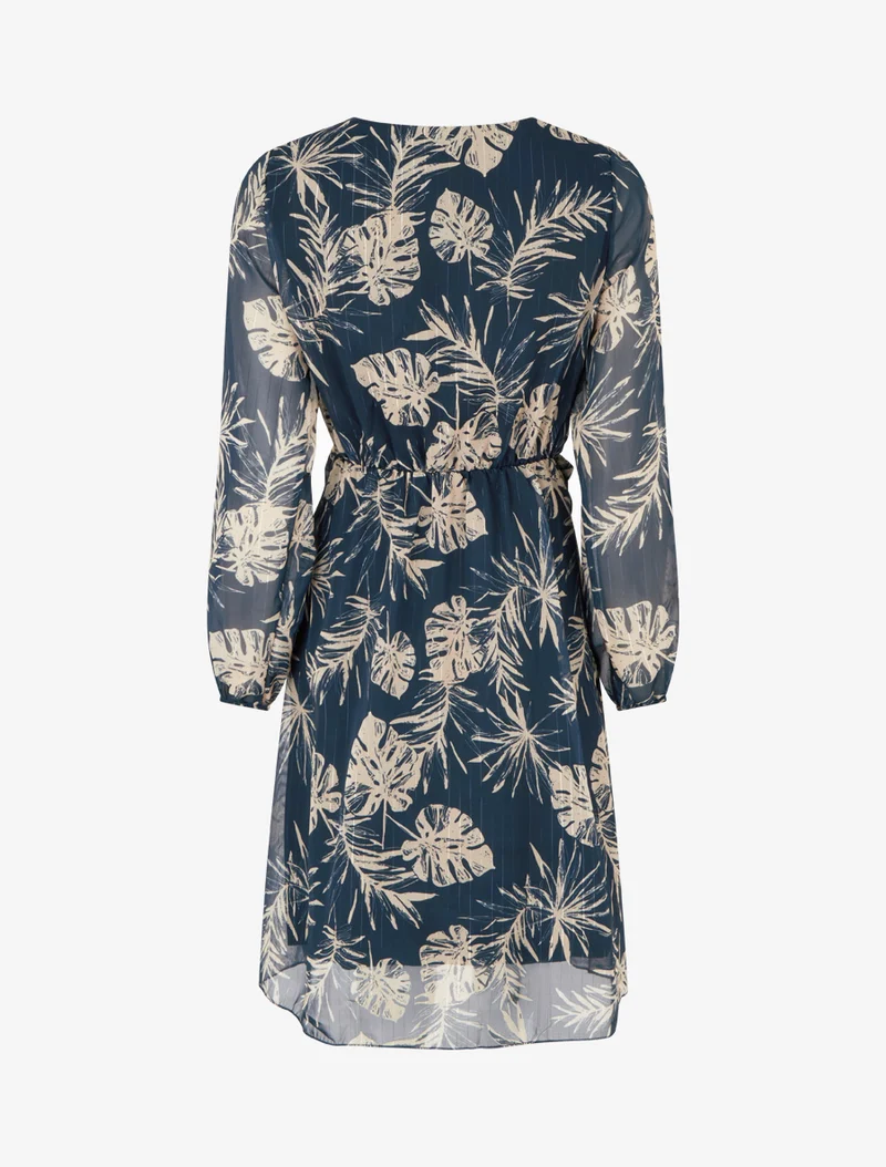 Kleid mit Blattdruck und schimmernden Streifen - Marine