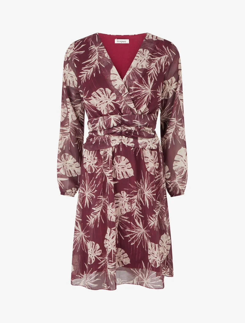 Kleid mit Blattdruck und schimmernden Streifen - Pflaume