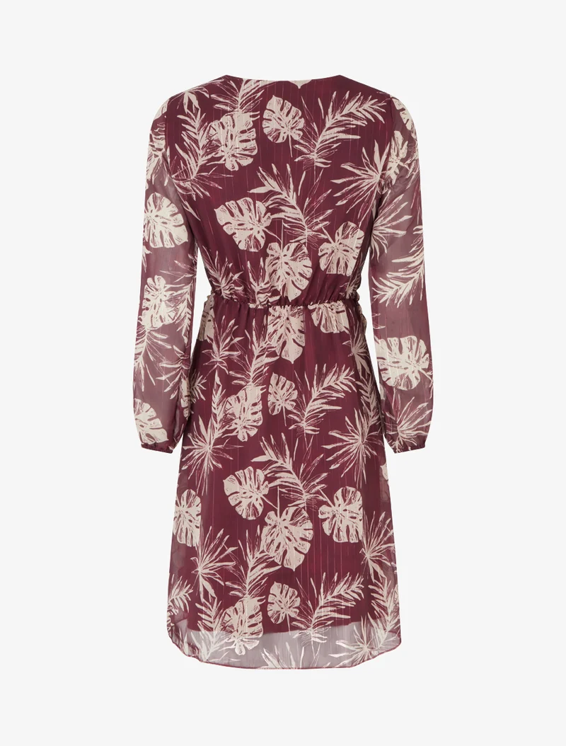 Kleid mit Blattdruck und schimmernden Streifen - Pflaume
