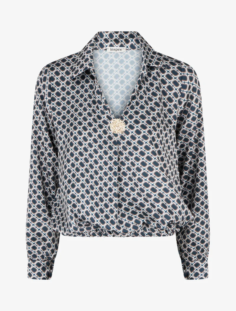 Bedruckte Satinbluse im 70er-Jahre-Stil - Entenblau