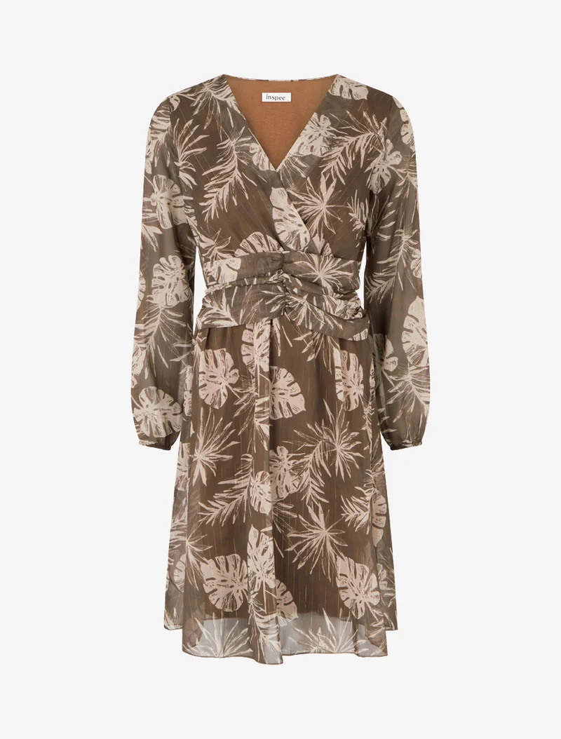 Kleid mit Blattdruck und schimmernden Streifen - Braun