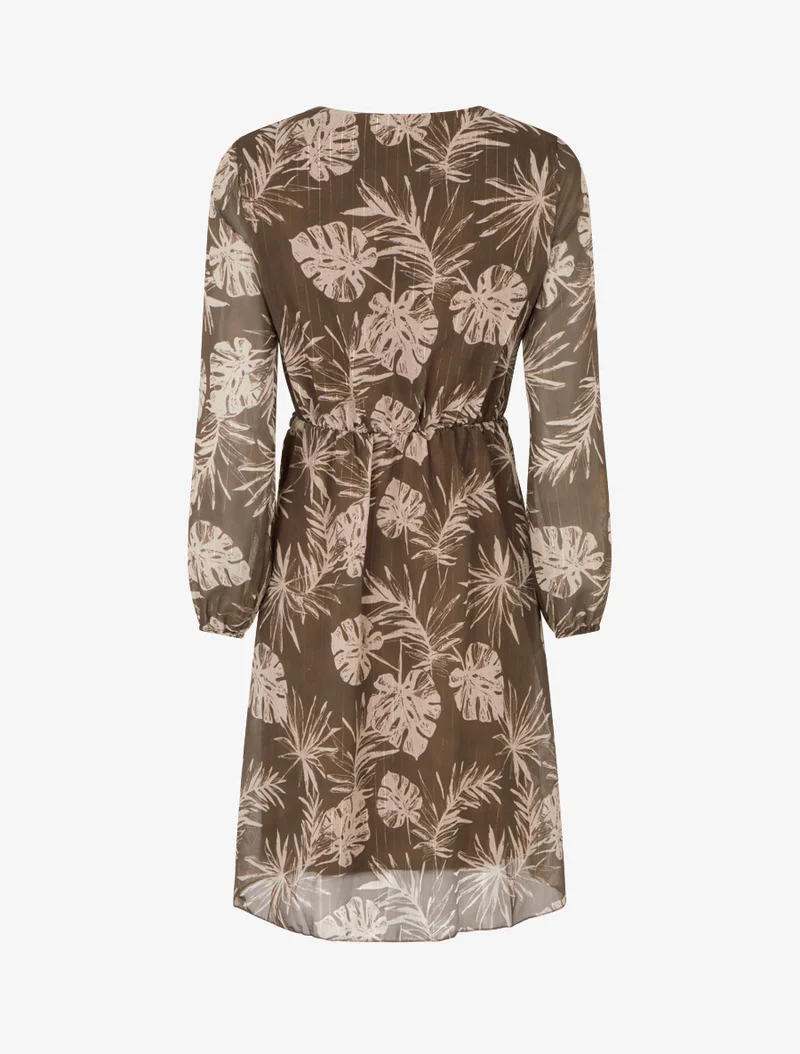 Kleid mit Blattdruck und schimmernden Streifen - Braun