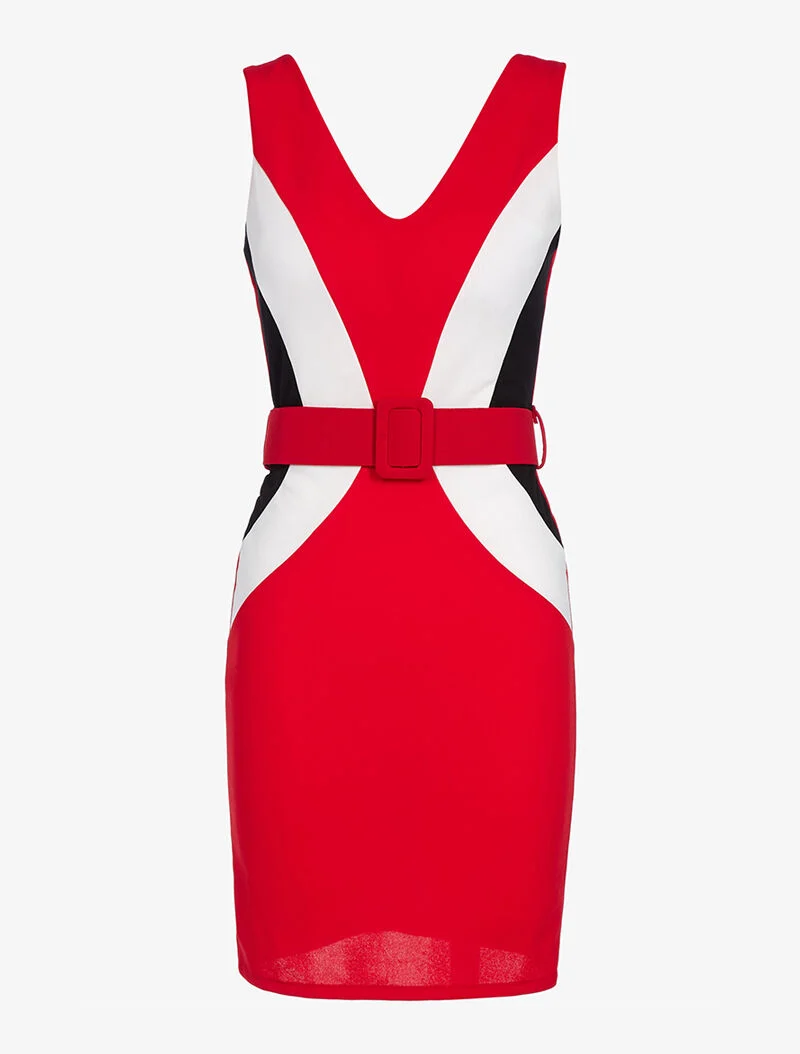 Figurbetontes dreifarbiges Kleid - Rot/Weiß/Schwarz