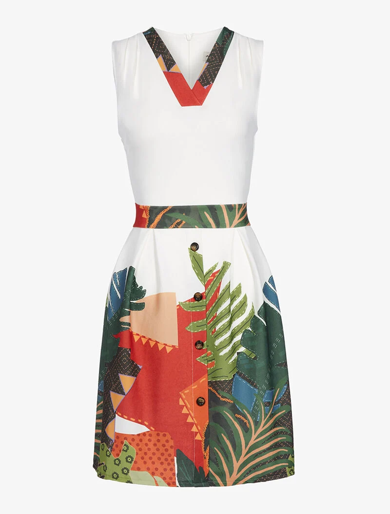 Skaterkleid mit Knöpfen und Druckmuster - weiß